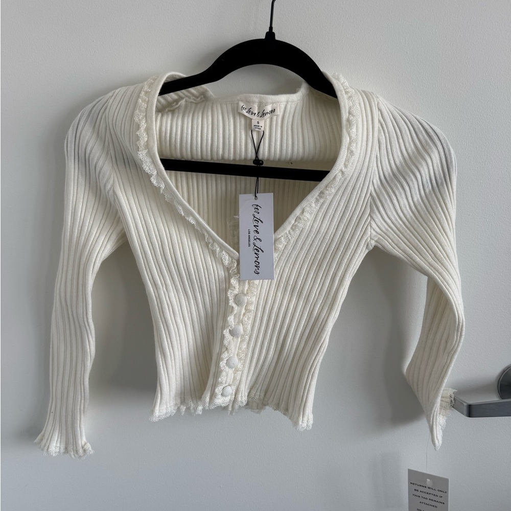 For Love and Lemons White Ribbed Button-Up Cardigan